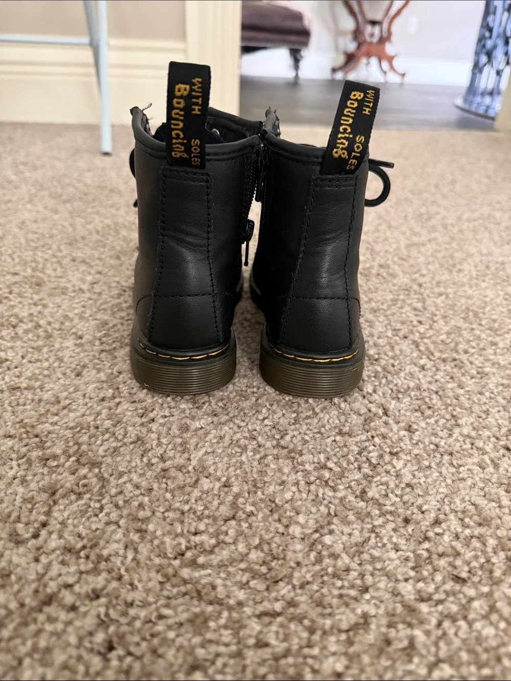 Dr. Martens Kids Black Lace-Up Ankle Boots with Yellow Stitching